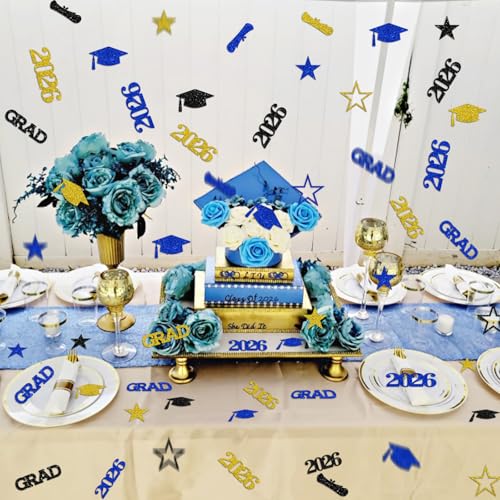 2026 Blue and Gold Graduation Confetti - 200 Pcs Glitter Decor