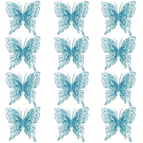 12-Pack 3D Glitter Butterflies for Christmas Tree Decor - 5 Inch