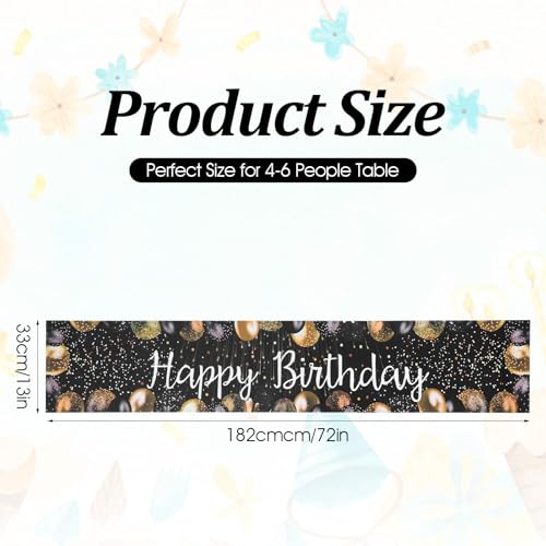 Happy Birthday Table Runner - Vintage Black Gold 72x13 In