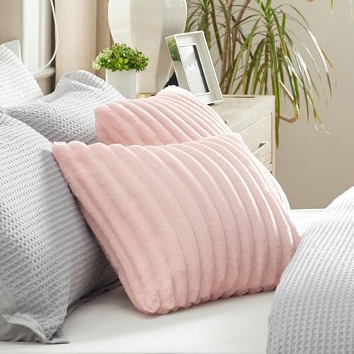 Bedsure Striped Fleece Throw Pillow Covers - Crystal Pink, 18"x18" (2 Pack)