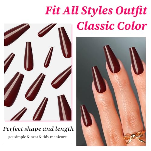 Lifextol Long Coffin Press on Nails - 120 Pcs Burgundy Glossy Fake Nails Kit