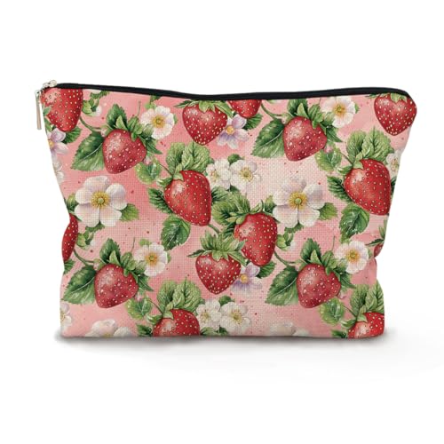 BARPERY Floral Strawberry Makeup Bag - Cute Linen Travel Cosmetic Pouch