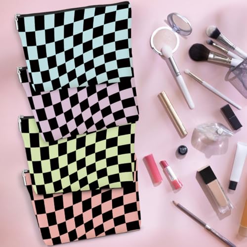 4 Pack Colorful Checkered Makeup Bag Cotton Linen Travel Toiletry Pouch