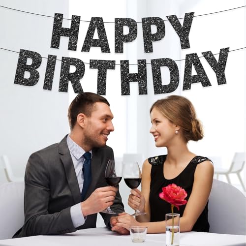 Black Glitter Happy Birthday Banner - Pre-Strung Party Decoration