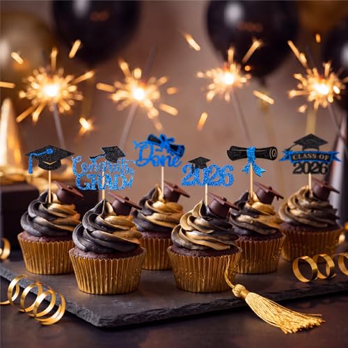 Class of 2026 Blue Glitter Graduation Cupcake Toppers 24 PCS