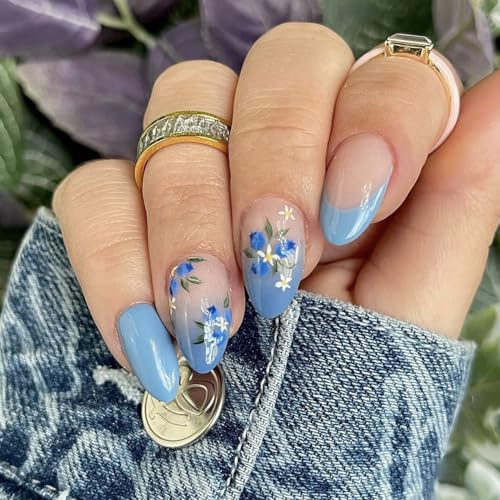 Navy Blue Short Almond Press on Nails with Flower Design - 24Pcs
