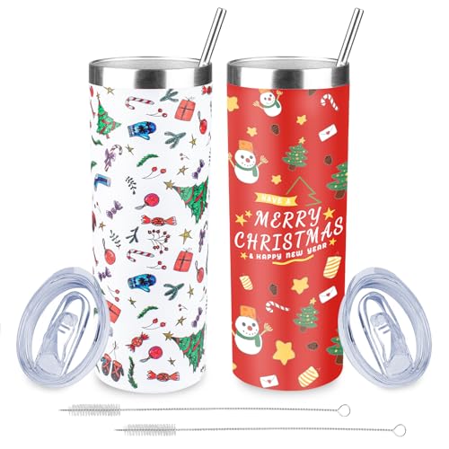 2 Pack Christmas 20oz Stainless Steel Skinny Tumblers with Lid & Straw - Holiday Gift