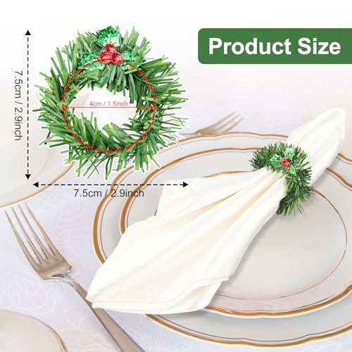 Christmas Napkin Rings Set of 12 - Green Leaf Wreath Holiday Table Decor
