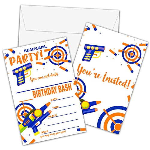 Dart Gun Birthday Invitations with Envelopes, Blasters Battle Theme 20 Pack