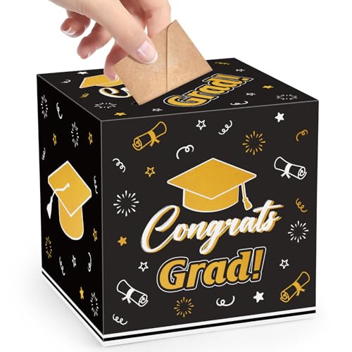 Lemicin Graduation Card Box Holder 2026 - Black & Gold Congrats Grad Party Decoration