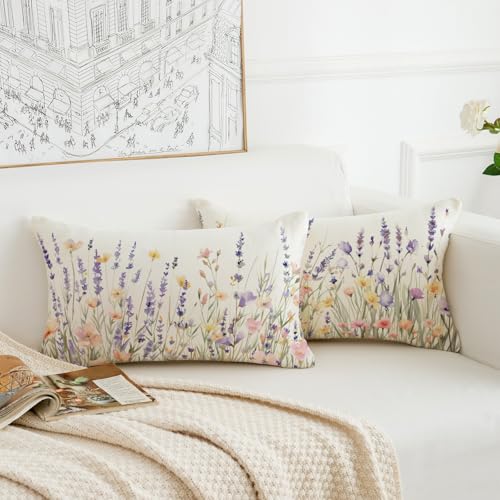 Spring Floral Throw Pillow Covers 12x20 Inch Set of 2 Farmhouse Lavender Decor