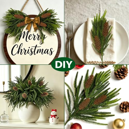 Artificial Norfolk Pine Branches with Pinecones - 16 Pcs, 18 Inch Greenery for Holiday Decor, DIY Garland, Vase Filler (Variation: 16Norfolk Pine+5Pinecone)