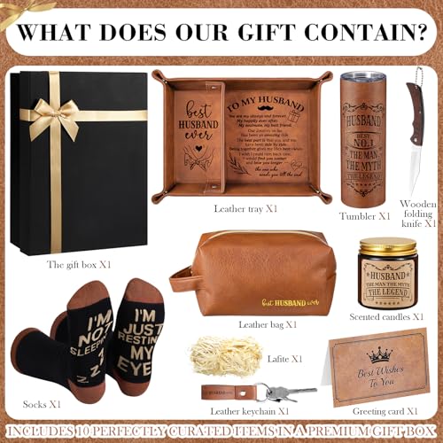 Sieral 10-Piece Gift Set for Husband from Wife - Best Husband Ever Gift Box with Tumbler Socks Candle & More - Husband Variation