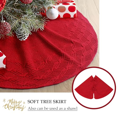 Red Knitted Christmas Tree Skirt 24 Inches - Rustic Holiday Decor