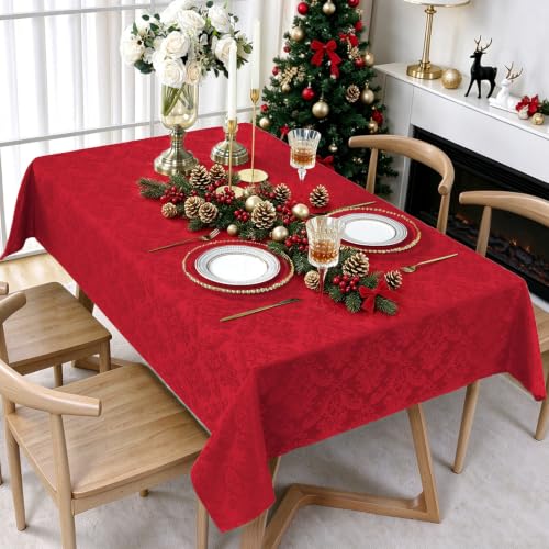 SASTYBALE Christmas Red Jacquard Damask Rectangle Tablecloth 60 x 102 Inches - Festive Holiday Dining Decor