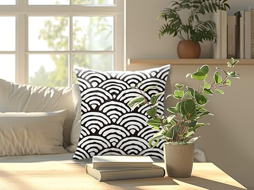 BILLAION Japanese Seigaiha Wave Throw Pillow Cover, 18x18 Black and White-01