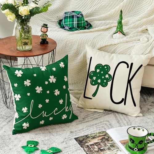 AVOIN St Patrick's Day Lucky Clover Throw Pillow Covers, 18x18 Inch (Set of 4)