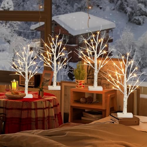 PEIDUO 22 Inch Indoor Birch Tree with LED Lights, Timer, Battery Powered, 4 Pack