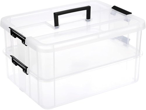 JUXYES Stackable Storage Box - 2-Tier Transparent Bin with Handle for Office & School Supplies