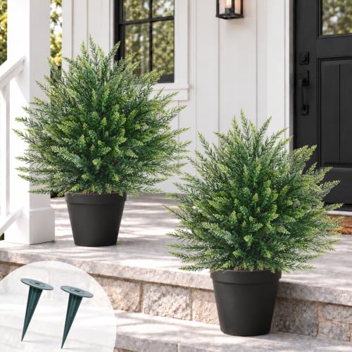 2ft Artificial Cedar Topiary Ball Trees with Ground Spikes - 2 Pack Green