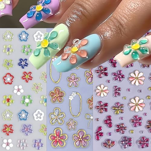 5D Embossed Flower Nail Art Stickers - Jelly Floral Daisy Decals (3 Sheets)