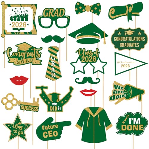 Avezano Class of 2026 Graduation Photo Booth Props - 21 Pcs Green and Gold Party Supplies