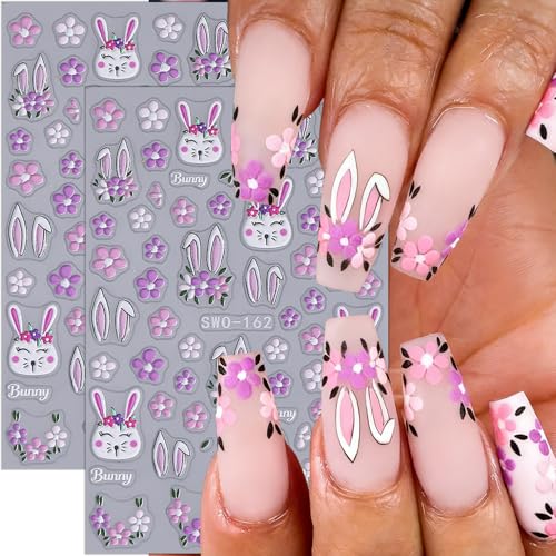 Easter Nail Stickers 3D Embossed Rabbit Spring Flower Decals 2 Sheets