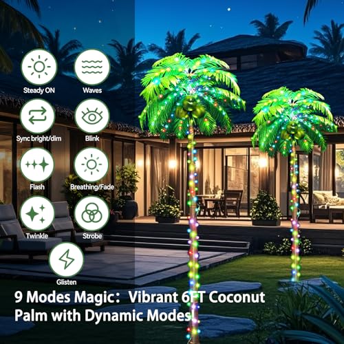 Color Changing 6FT Outdoor Palm Tree Lights with Remote Control and Coconuts