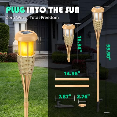 Solar Outdoor Flickering Flame Torch Lights - 4 Pack, Classic Yellow