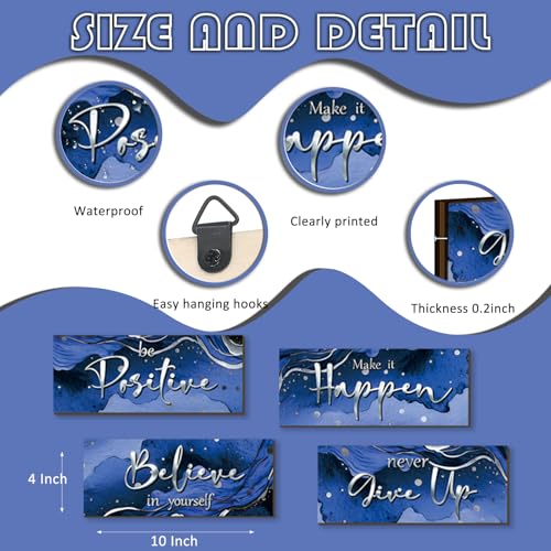 Blue & Silver Motivational Wall Art - 4 Piece Wooden Set for Home & Office