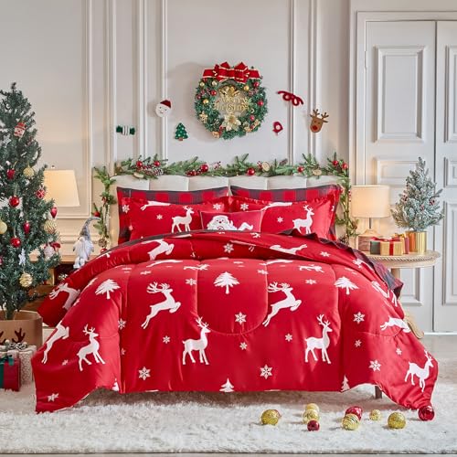 Christmas Bed in a Bag 6 Pieces Twin Set Deer Red Snowflake Holiday Bedding - Deer Red / Twin-6 Pieces