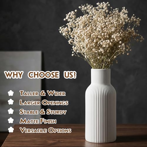 Modern Matte White Ceramic Ribbed Vase for Fresh & Dried Flowers