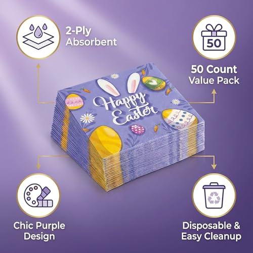 Cute Easter Napkins 50-Pack with Bunny & Egg Design - 6.5 Inch