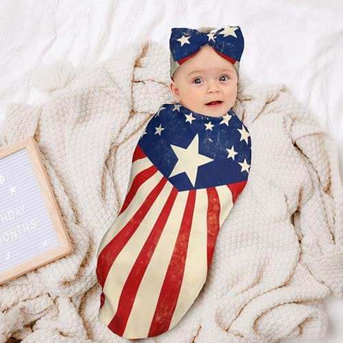 American Flag Baby Swaddle Blanket Set with Beanie & Headband