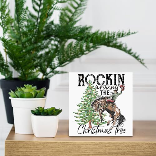 Western Cowboy Christmas Wood Sign - Rockin Variation, 5x5 Inch Holiday Decor