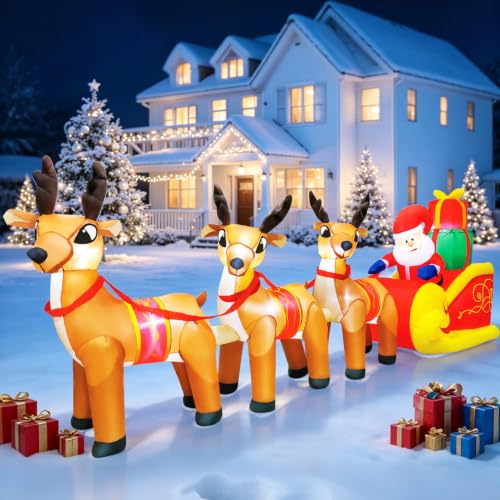 12FT Christmas Inflatable Santa Claus with 3 Reindeer Scene Outdoor Decor - Durable & Lighted