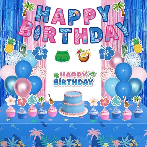 Amandir 67 Pcs Hawaiian Pink and Blue Birthday Decorations
