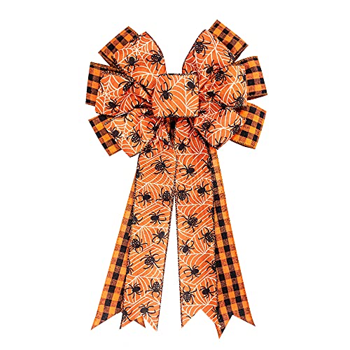 Halloween Buffalo Plaid Bow with Spider Design - Decorative Wreath Topper