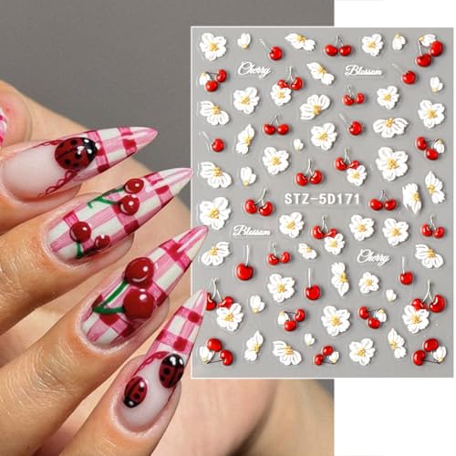 5D Flower Nail Stickers Embossed Cherry Floral Decals DIY Manicure 2 Sheets