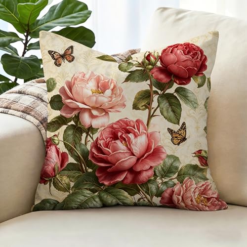 Romantic Rose & Butterfly Velvet Pillow Covers - 18x18 Inch