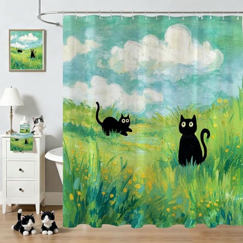Funny Cat Shower Curtain - Waterproof Black Cat Design, 72x72 Inch