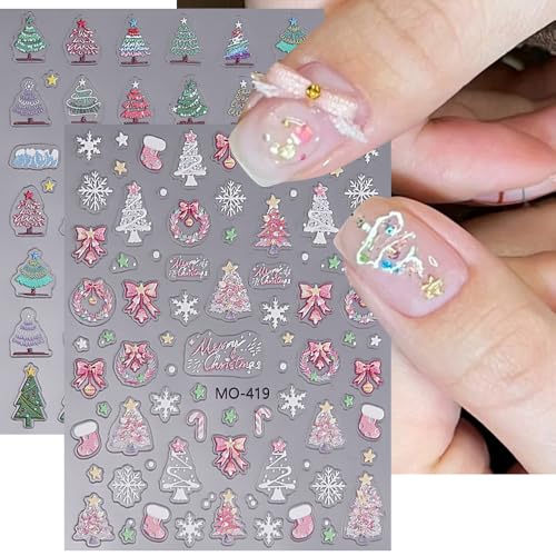 Christmas Nail Stickers 3D Embossed Pink Snowflake Decals 3 Sheets