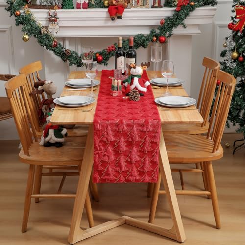Christmas Quilted Plush Table Runner Red 13x37 Inches with Sequin Tree Design