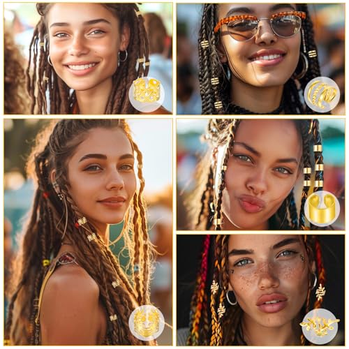 Tyqour 50pcs Gold Hair Jewelry & Cuffs for Braids, Dreadlock Accessories