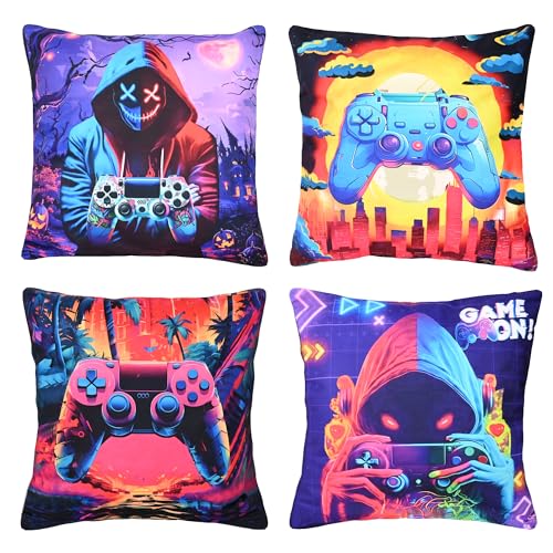 Gaming Pillow Covers for Teen Boys - 4-Pack 18x18 Inch Flannel Decor