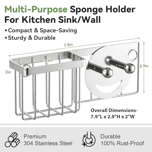 LANDNEOO Silver Sink Sponge Holder with 2 Mounting Options - Rustproof Kitchen Organizer