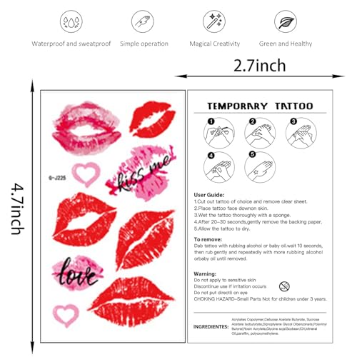 Valentine Lip Temporary Tattoo Stickers - 20 Sheets Heart Designs