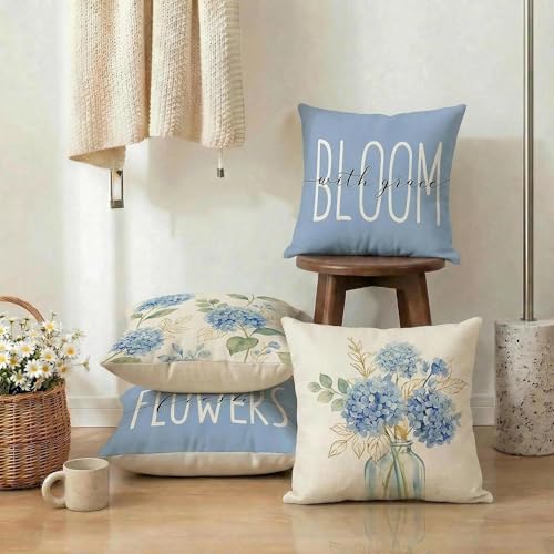 Blue Hydrangea Floral Throw Pillow Covers 18x18 Set of 4 - Durable Spring Home Decor