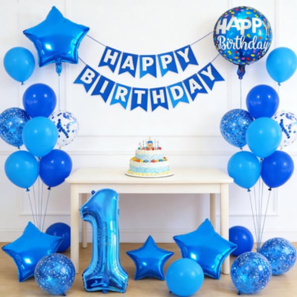 1st Birthday Balloon Decoration Set - Blue Number 1 Foil Balloon Kit