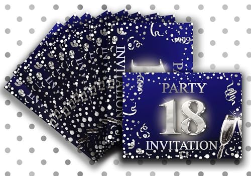 Elegant Dark Blue & Silver 18th Birthday Invitation Cards - Set of 10